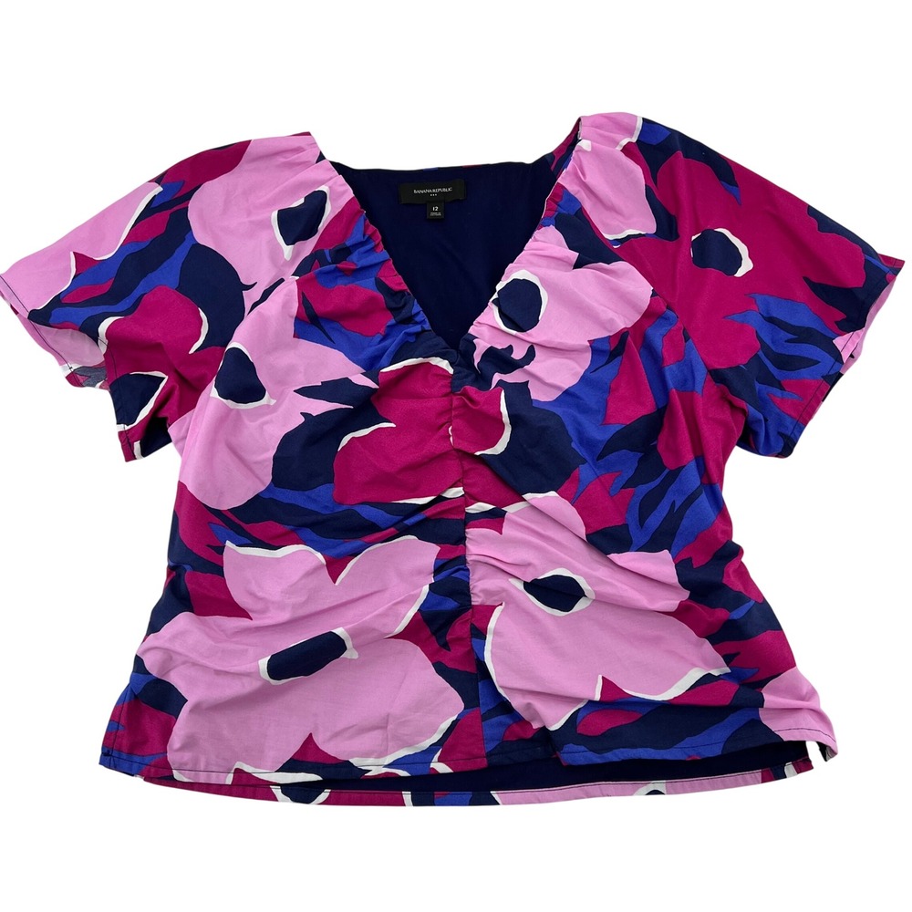 Banana Republic Womens Pink Floral V-Neck Ruched Cotton Blouse Side Zip Size‎ 12
